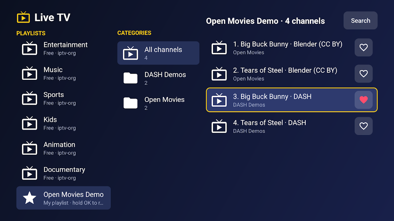 Live TV channel list